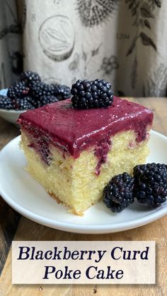 a slice of blackberry curd poke cake on a white plate