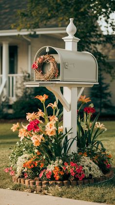 a mailbox with flowers and a wreath on it in front of a house,