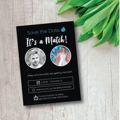 a black save the date card with an image of a man and woman on it