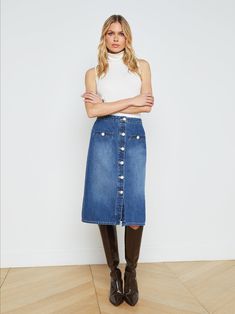 L'AGENCE - Landry Denim Skirt in Verdugo Printed Blouse, Denim Skirt, Midi Skirt, My Style, How To Wear