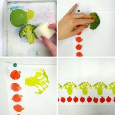 the process of painting broccoli and apples is shown in four different ways, including using fingerprints