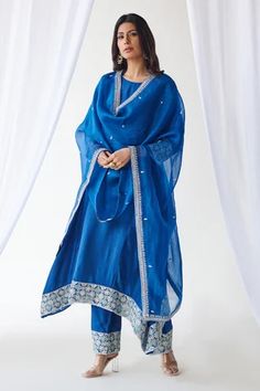 Shop for Koashee by Shubitaa Blue Silk Embroidered Zardozi Kurta Set for Women Online at Aza Fashions Ceremonial Silk Kurta With Cutdana, Silk Kurta With Cutdana For Ceremonial Occasion, Unstitched Blue Tissue Silk Kurta, Blue Raw Silk Salwar Kameez With Embroidered Border, Blue Raw Silk Sets With Embroidered Border, Blue Slub Silk Dupatta With Gota Work, Ceremonial Blue Kurta With Cutdana, Transitional Blue Chanderi Kurta, Blue Semi-stitched Kurta For Ceremonial Occasions