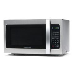 a silver microwave oven sitting on top of a white counter