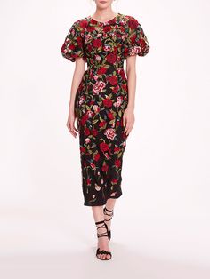 Roses Tulle Midi Dress | Marchesa Fitted Floral Embroidered Tea-length Dress, Formal A-line Midi Dress With Floral Embroidery, Red Floral Embroidered Midi Dress, Tea-length Floral Print Cocktail Dress, Embroidery On Tulle, Marchesa Notte Midi Dress, Embellished Cocktail Dress, Tulle Midi Dress, Christmas Dresses