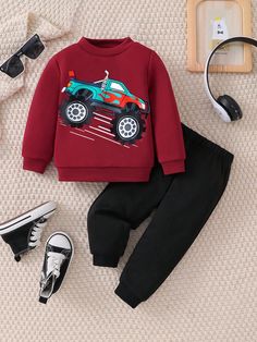 Young Boy Comfy Casual Kart Printed Sweatshirt Set Burgundy   Long Sleeve Knitted Fabric   Slight Stretch  Young Boys Clothing, size features are:Bust: ,Length: ,Sleeve Length: Red Cartoon Print Sweatshirt For Fall, Long Sleeve Cartoon Print T-shirt For Winter, Red Long Sleeve T-shirt With Cartoon Print, Red Long-sleeve T-shirt With Cartoon Print, Long Sleeve Cartoon Print Sweatshirt For Fall, Bow Shorts, Sweatshirt Set, Couple Matching, Boys Set