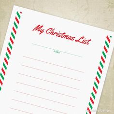 a christmas list on top of a piece of paper with the words my christmas list written in red, green and white