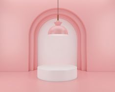 a pink and white room with a lamp hanging over it's head in the center