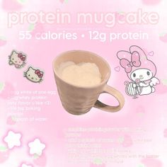 an advertisement for protein mugcakes with hello kitty on it