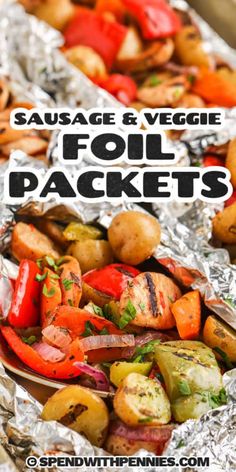 sausage and veggie foil packets with text overlay