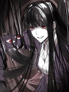 an anime character with long black hair and red eyes holding her hands behind her back