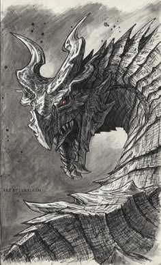 a black and white drawing of a dragon with red eyes on it's head