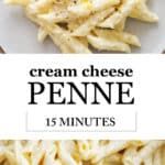 a white plate topped with pennets covered in cheese next to a sign that reads cream cheese penne 15 minutes