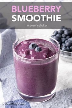 blueberry smoothie in a glass with berries on the side and text overlay