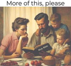 a man reading a book to two children while sitting at a table with fruit and vegetables