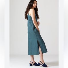 Midi Dress With Rounded Neckline Two Side Slits Casual Spring Maxi Dress With Side Slits, Spring Cotton Midi Dress With Side Slits, Midi Maxi Dress With Side Slits For Daywear, Casual Midi Dress With Straight Neckline For Daywear, Casual Dresses With Straight Neckline For Daywear, Spring Midi Dress With Side Slits, Knee-length, Casual Cotton Maxi Dress With Side Slits, Summer Midi Dress With Side Slits, Green Midi Dress With Side Slits