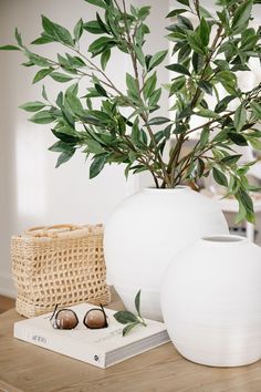 two white vases sitting on top of a wooden table next to a basket and plant