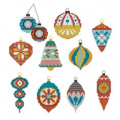 cross stitch christmas ornament designs in various colors and sizes, including red, blue, green, yellow, orange