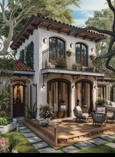 this is an artist's rendering of a house in the country style with porches and balconies