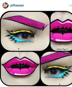 Pop Art Makeup Easy, Cartoon Makeup Looks, Comic Book Face Paint, Pop Comic Makeup, 80s Cartoon Costumes, Pop Art Superhero Makeup, Popart Halloween Makeup