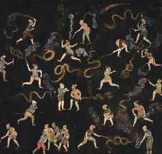 an old painting with people and animals in the night sky, surrounded by fire hoses