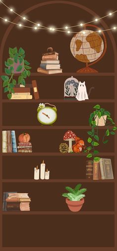 a book shelf filled with books and plants