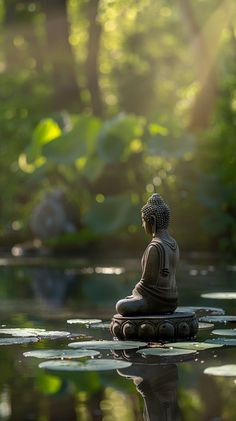 a buddha statue sitting on top of a body of water with lily pads around it