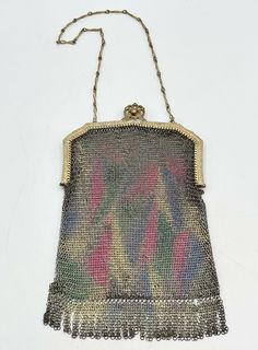 Antique Art Deco Hand Painted Chain Mesh Chainmail Flapper Purse Bag Handbag. Chain handle and metal top closure. Hand painted enamel design. Gold mesh chaimail vintage bag purse handbag. Absolutely stunning purse. Super well made beautiful hand painted chain mail silver chain purse with gold frame. Chain link handle. Great colors and in very nice condition. Antique vintage estate bag purse. Antique Style Multicolor Evening Bags, Antique Multicolor Rectangular Bag, Antique Multicolor Rectangular Bags, Chain Mail, Antique Art Deco, Vintage Bags, Gold Frame, Bags Handbags, Mesh