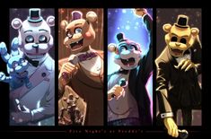 three different pictures of five cartoon animals in suits and ties, one wearing a top hat