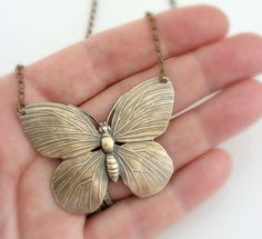 Vintage Necklace - Butterfly Necklace - Brass Necklace - Butterfly Jewelry - Statement Necklace - handmade jewelry Handmade Butterfly-shaped Metal Jewelry, Handmade Butterfly Shaped Metal Jewelry, Handmade Gold Bohemian Butterfly Necklace, Butterfly Charm Brass Jewelry Gift, Brass Jewelry With Butterfly Charm For Gift, Vintage Handmade Butterfly Necklace, Handmade Bohemian Butterfly Necklace As Gift, Nickel-free Butterfly Brass Jewelry, Nickel-free Brass Butterfly Jewelry