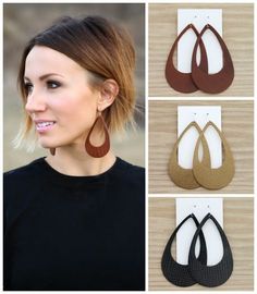 four different styles of leather earrings, one is brown and the other is black with white details