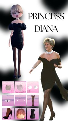 a woman in a black dress and high heeled shoes, with the caption princess diana