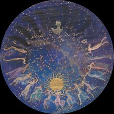 an artistic painting with angels and stars in the sky