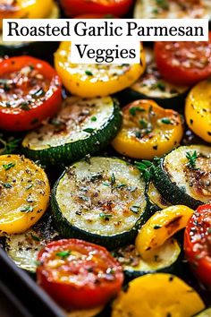 roasted garlic parmesan veggies in a pan with the title above it