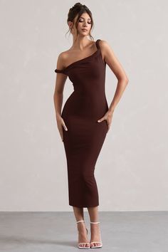 Salome | Chocolate Brown Twisted Asymmetric Midi Dress Camp Dinner, Brunch Vibes, Chocolate Brown Dress, Rave Festival Outfits, Midi Bridesmaid Dress, Sleek Updo, Club L London, Fall Wedding Guest, Style Lookbook