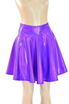 "This item is made to order, please read all the way through the listing before purchasing! Gorgeous grape holographic spandex shines with liquid fuchsia rainbows! This awesome skirt is full circle cut, so it whirls and twirls with flirty movement. It is made of four way stretch lycra spandex. Length: 19\" long with a soft, spandex waistband Womens Sizing (See below for instructions on where measurements should be taken) XXS: Bust 29\"-30\" / Waist 22\"-23\" / Hips 30\"-32\" Extra Small: Bust 31 Rave Skirt, Fall Dressy, Purple Holographic, Trendy Sewing Patterns, Sewing Tops, Peplum Tops, Trendy Sewing, Womens Skirts, Over 50 Womens Fashion