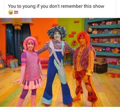 three people in costumes standing on a wooden floor with the caption, you too young if you don't remember this show