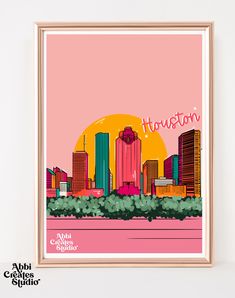 a pink poster with the word houston in front of a cityscape at sunset