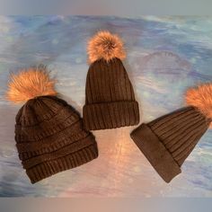 3 Black Pom Ball Hats. 2 Never Worn. One Worn A Few Times. One Might Have A Real Fur Pom But Not Positive. Fitted Brown Hats For Cold Weather, Fitted Brown Hat For Cold Weather, Casual Brown Hat, One Size, Casual Brown Hat One Size, Casual Brown Hat, Casual Brown Hats For Cold Weather, Winter Hats Beanie, Winter Beanie, Fur Pom Pom