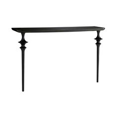 a black table with three legs and a long wooden shelf on the top, against a white background