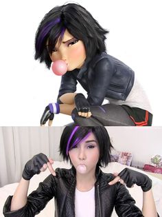 two images of a woman with black hair and purple hair, one has her tongue out