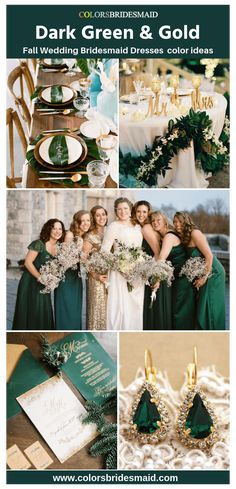 green and gold wedding color palettes for the bridesmaid, bridal dress