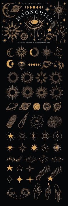 an image of the stars and planets in gold on black background with text that reads,'moonchilds '