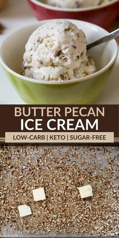 the ingredients for butter pecan ice cream in bowls