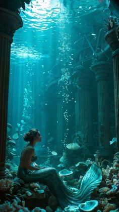 a woman sitting on the ground in front of an aquarium