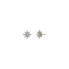 NORTH STAR STUDS, DIAMOND The North Star motif reminds us to not be followers, and instead inspires us to find and set our own true north. Each North Star stud earring is adorned with a brilliant faceted diamond center, framed by two rows of full cut sparkling diamonds. Made to order in approximately 6 weeks Sold as a pair 14KT yellow gold, black rhodium Friction posts and backings Studs measure 10mm in diameter Approximate total diamond weight 0.34cttw