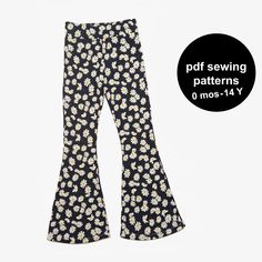 a black and white flower print pants with the words sewing patterns on it's side