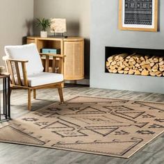 a living room with a fire place and rugs on the floor in front of it