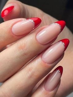 Red French Tip Nails: almond red tips with silver line accent Red Tip Nails, Red And Silver Nails, Kutek Disney, Red Christmas Nails, Red Acrylic Nails, Christmas Gel Nails, New Year's Nails, Silver Nails, Xmas Nails