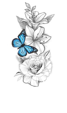 a blue butterfly sitting on top of a flower next to a white rose with leaves