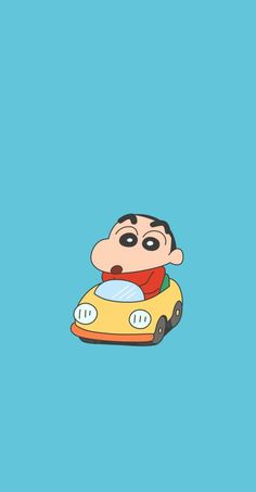 a cartoon character driving a yellow car on a blue background